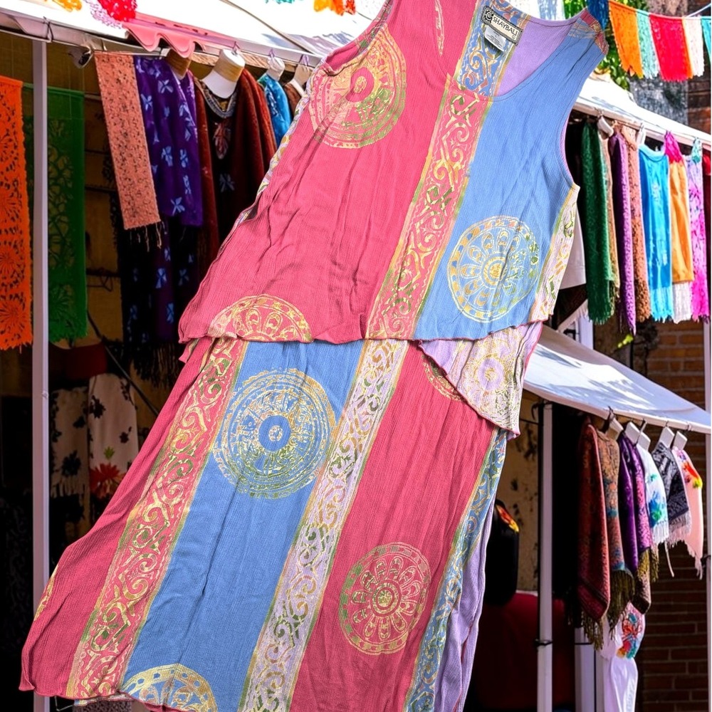 Vintage Shaybali Dress Women L Rayon Colorblock Geometric Medallion Boho Layered